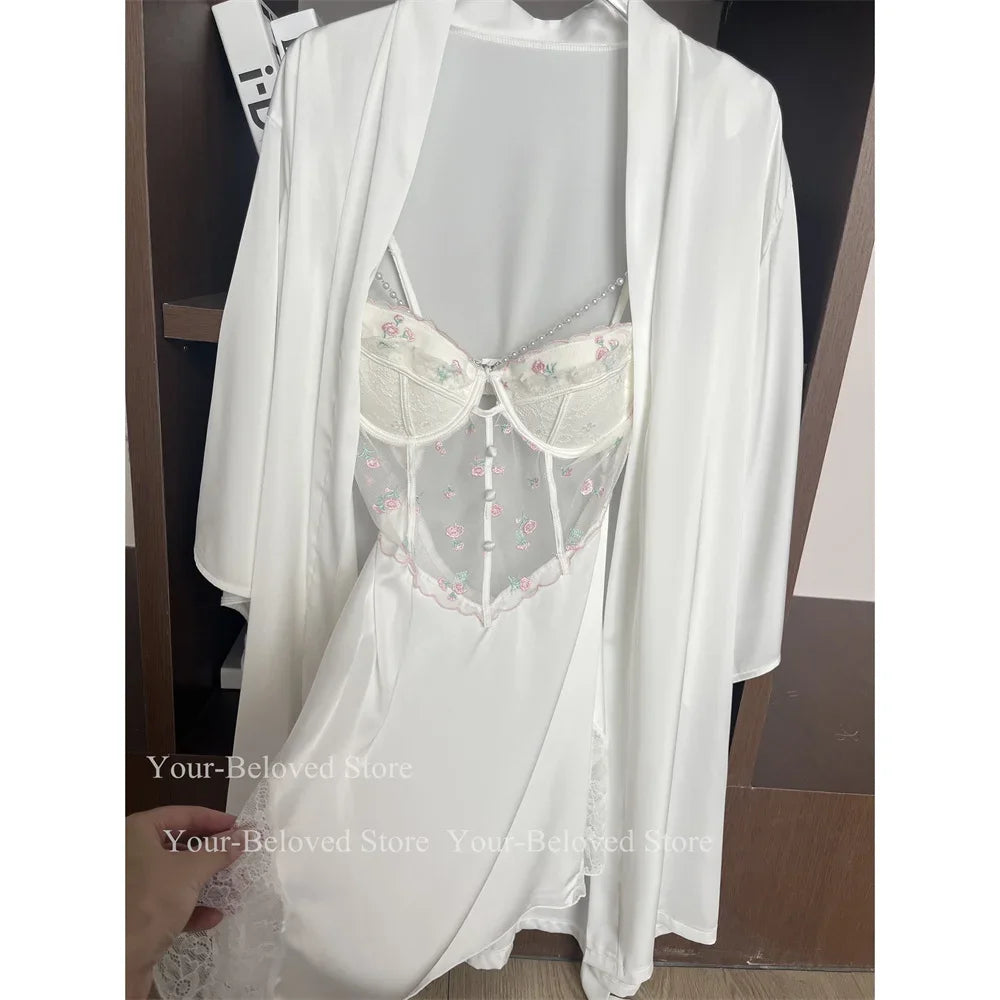 Women Home Clothes Sleeping Nightdress White Nightgown Silk Satin Lingerie Embroider Flower Chemise Lingerie Summer Robe Suit