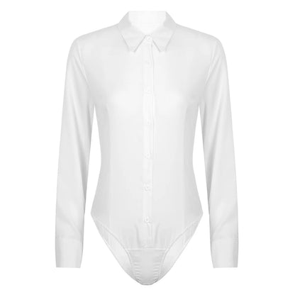 Women's Body Shirt Office Lady Work Uniforms White Blouses Slim Clothes Long Sleeve OL Shirt Leotard Easy Care Work Tights Shirt