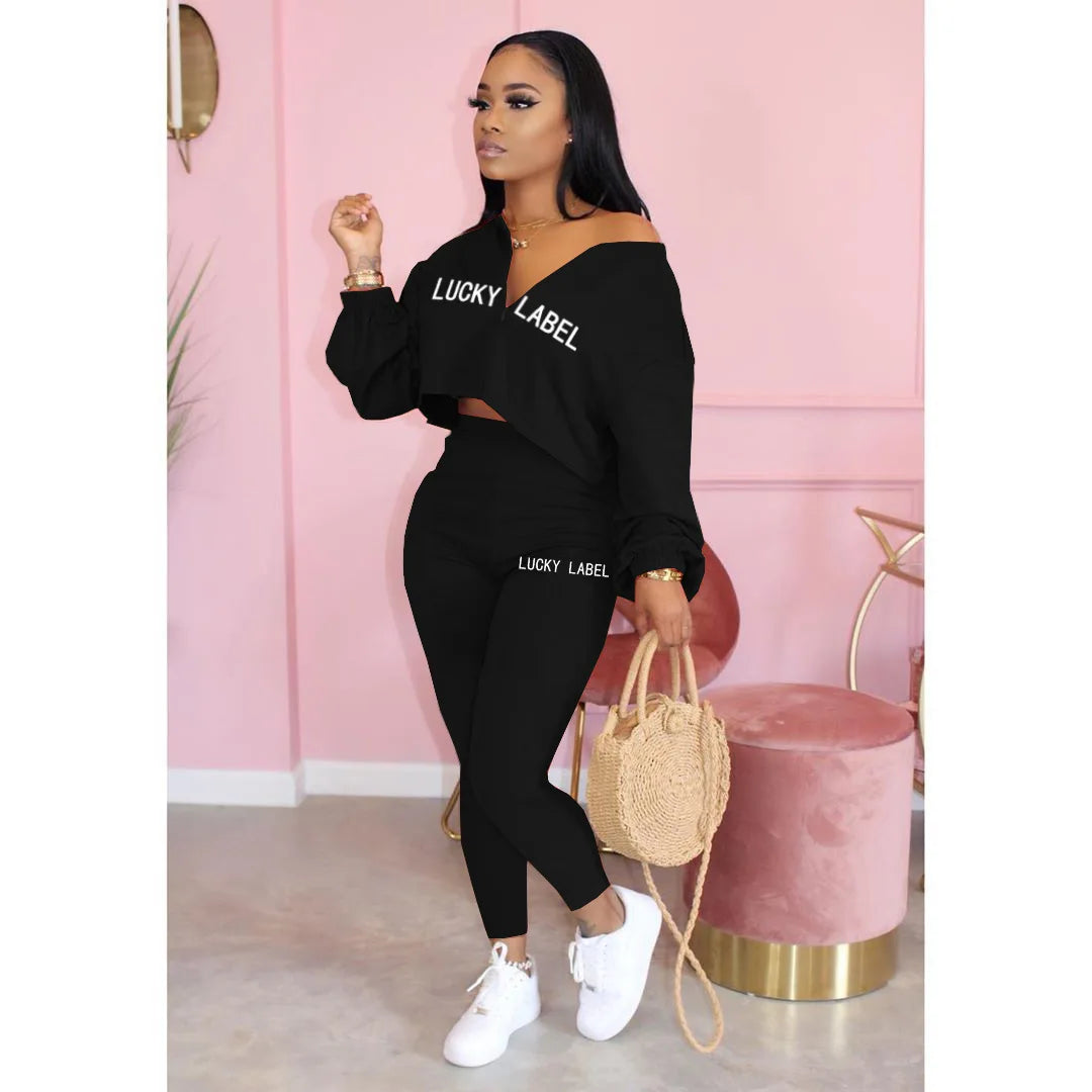 2021 Fall Clothes for Women Letter Printing Casual Elastic Waist Loungewear Women Fashion New Arrival Long Sleeve Two Piece Set