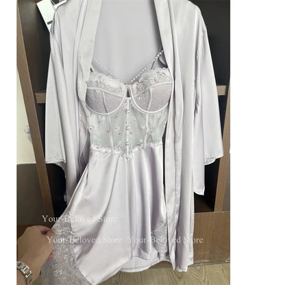 Women Home Clothes Sleeping Nightdress White Nightgown Silk Satin Lingerie Embroider Flower Chemise Lingerie Summer Robe Suit