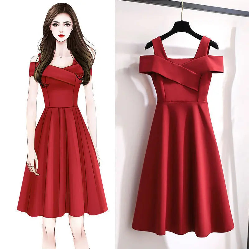 Women Dresses 2025 new fashion off shoulder look slim cinched waist knee-length dress women's clothing vestidoes