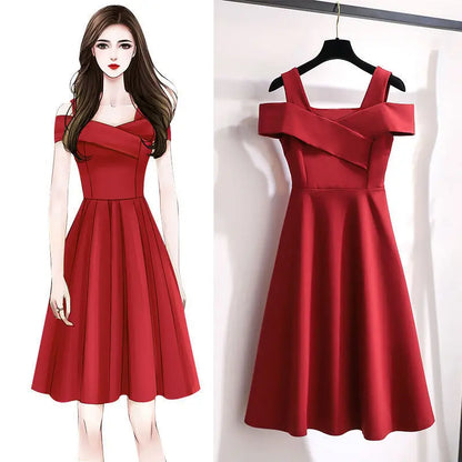 Women Dresses 2025 new fashion off shoulder look slim cinched waist knee-length dress women's clothing vestidoes