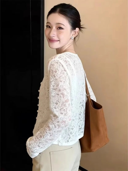 Women Lace Coat 2026 New Fashion Elegant OL White Sunscreen Jacket Spring High Quality Casual Micro Transparent Cardigan Top