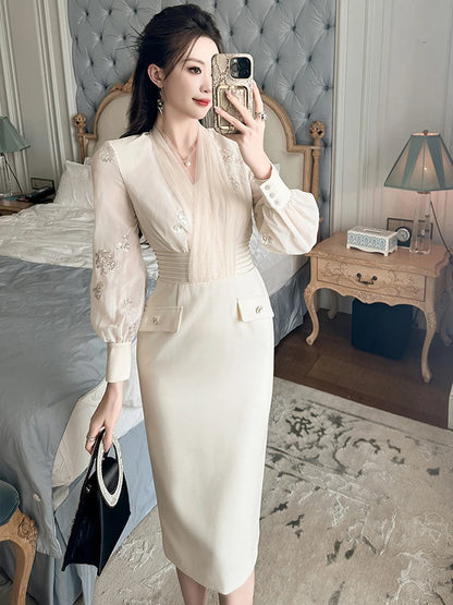 Women Clothes Work Style Fake 2-Piece V-Neck Slim Midi Pencil Dress Elegant Ladies Fashion Vestidos Formal Occasion Casual New