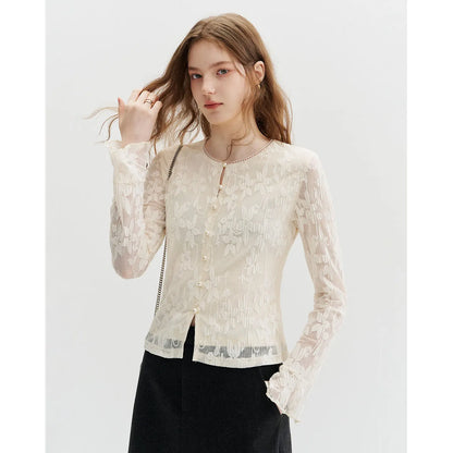 Romantic Pearl Button Long Sleeve Mesh Shirt French Style Slim Fit Women's Premium Shirt Breathable Skin-Friendly Daily Wear