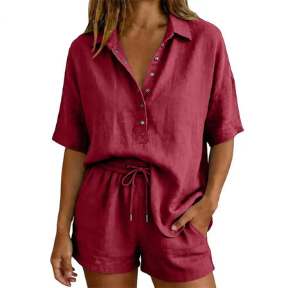 Women Muslin Blouse Set Elegant Linen Blouse Shirt And Shorts Plain Set Beach Clothes Cotton Sports Suit Oversize Leisure Suit