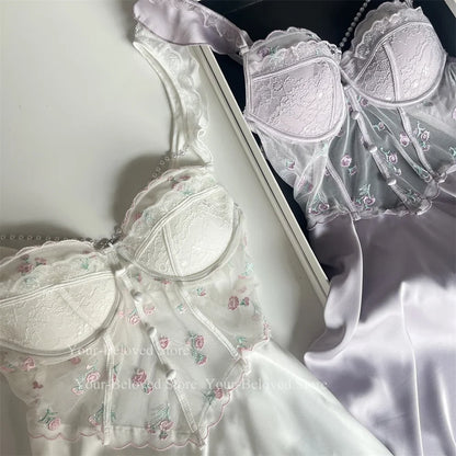 Women Home Clothes Sleeping Nightdress White Nightgown Silk Satin Lingerie Embroider Flower Chemise Lingerie Summer Robe Suit