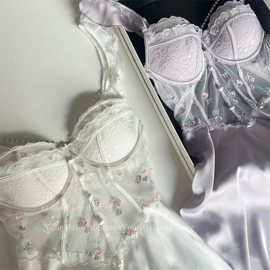 Women Home Clothes Sleeping Nightdress White Nightgown Silk Satin Lingerie Embroider Flower Chemise Lingerie Summer Robe Suit