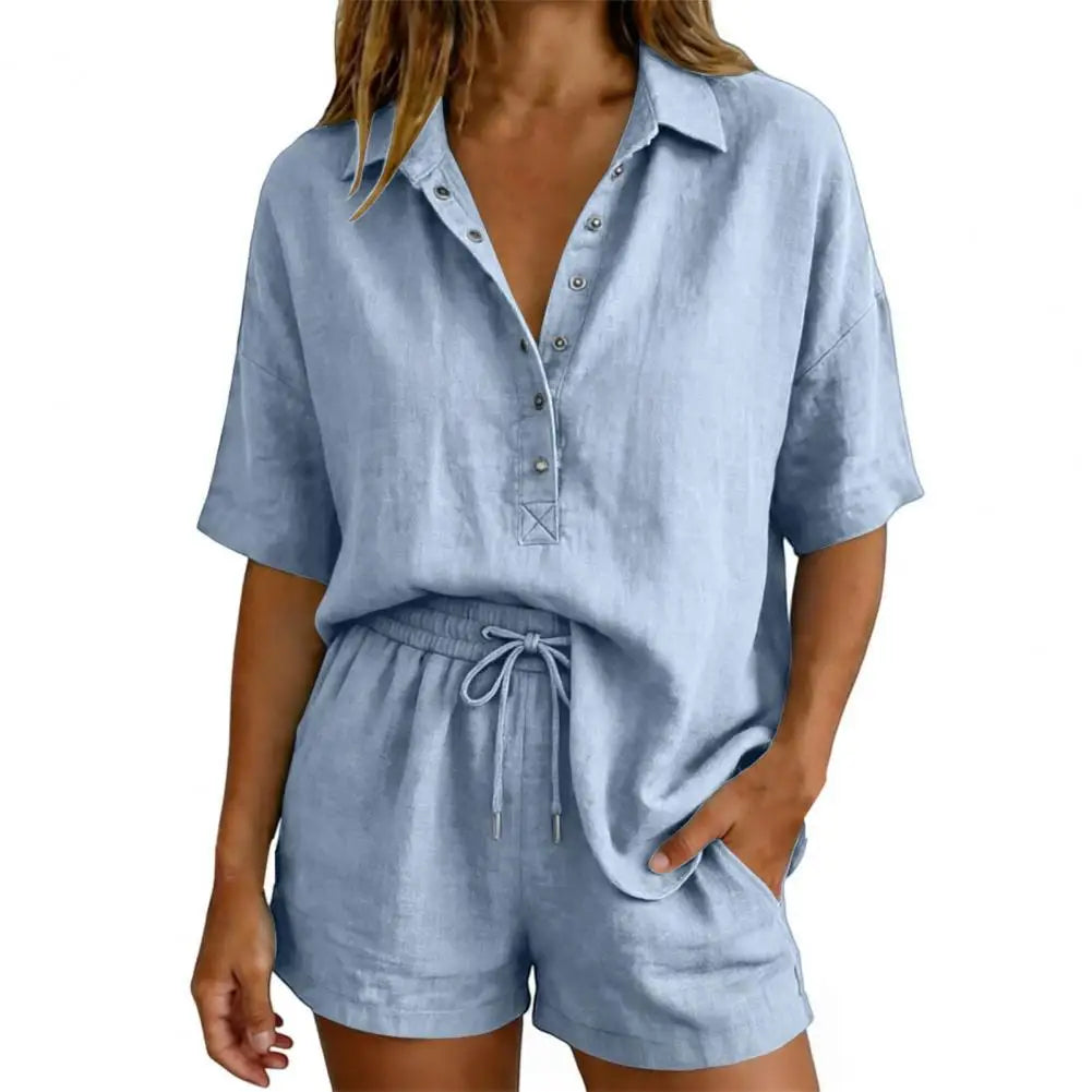 Women Muslin Blouse Set Elegant Linen Blouse Shirt And Shorts Plain Set Beach Clothes Cotton Sports Suit Oversize Leisure Suit