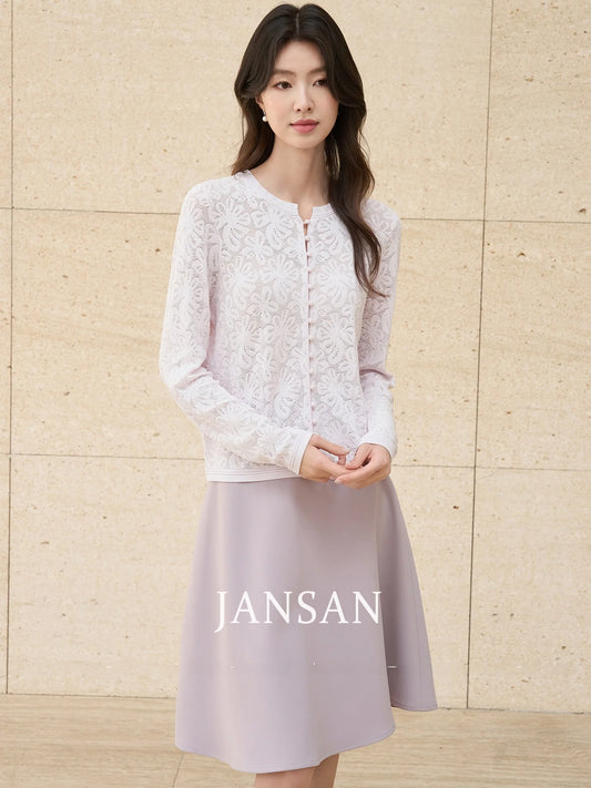 JANSAN Commute Series Ice Silk Knitted Open Cardigan Women's Outerwear Elegant Intellectual Design with Rhinestone Embroidery