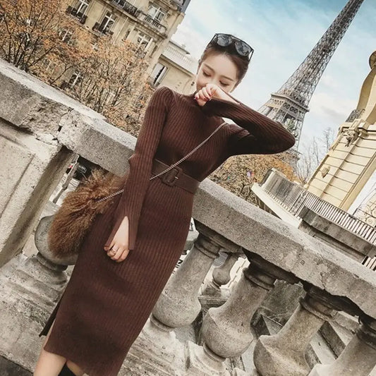 Woman Dress Yellow Dresses for Women Turtleneck Brown Crochet Knitted Outfits Hot Long Sleeve Sensual Sexy Cheap Casual Clothes
