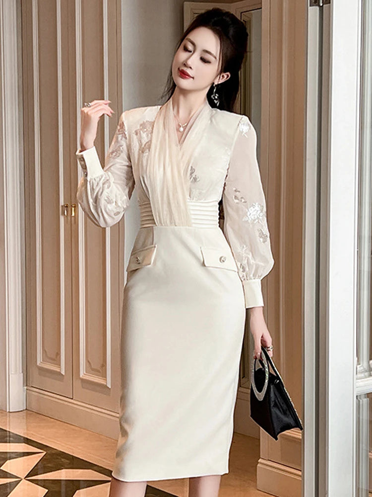 Women Clothes Work Style Fake 2-Piece V-Neck Slim Midi Pencil Dress Elegant Ladies Fashion Vestidos Formal Occasion Casual New