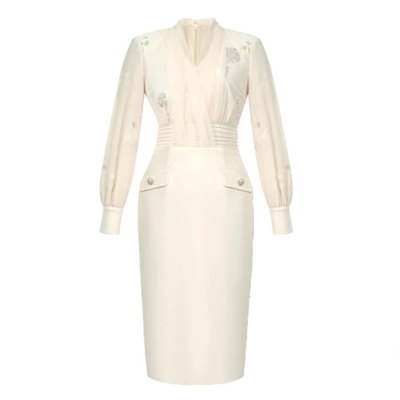 Women Clothes Work Style Fake 2-Piece V-Neck Slim Midi Pencil Dress Elegant Ladies Fashion Vestidos Formal Occasion Casual New