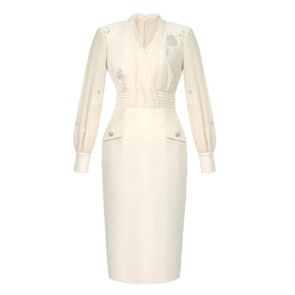 Women Clothes Work Style Fake 2-Piece V-Neck Slim Midi Pencil Dress Elegant Ladies Fashion Vestidos Formal Occasion Casual New