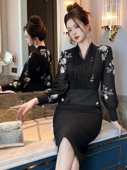 Women Clothes Work Style Fake 2-Piece V-Neck Slim Midi Pencil Dress Elegant Ladies Fashion Vestidos Formal Occasion Casual New