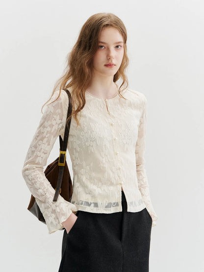 Romantic Pearl Button Long Sleeve Mesh Shirt French Style Slim Fit Women's Premium Shirt Breathable Skin-Friendly Daily Wear