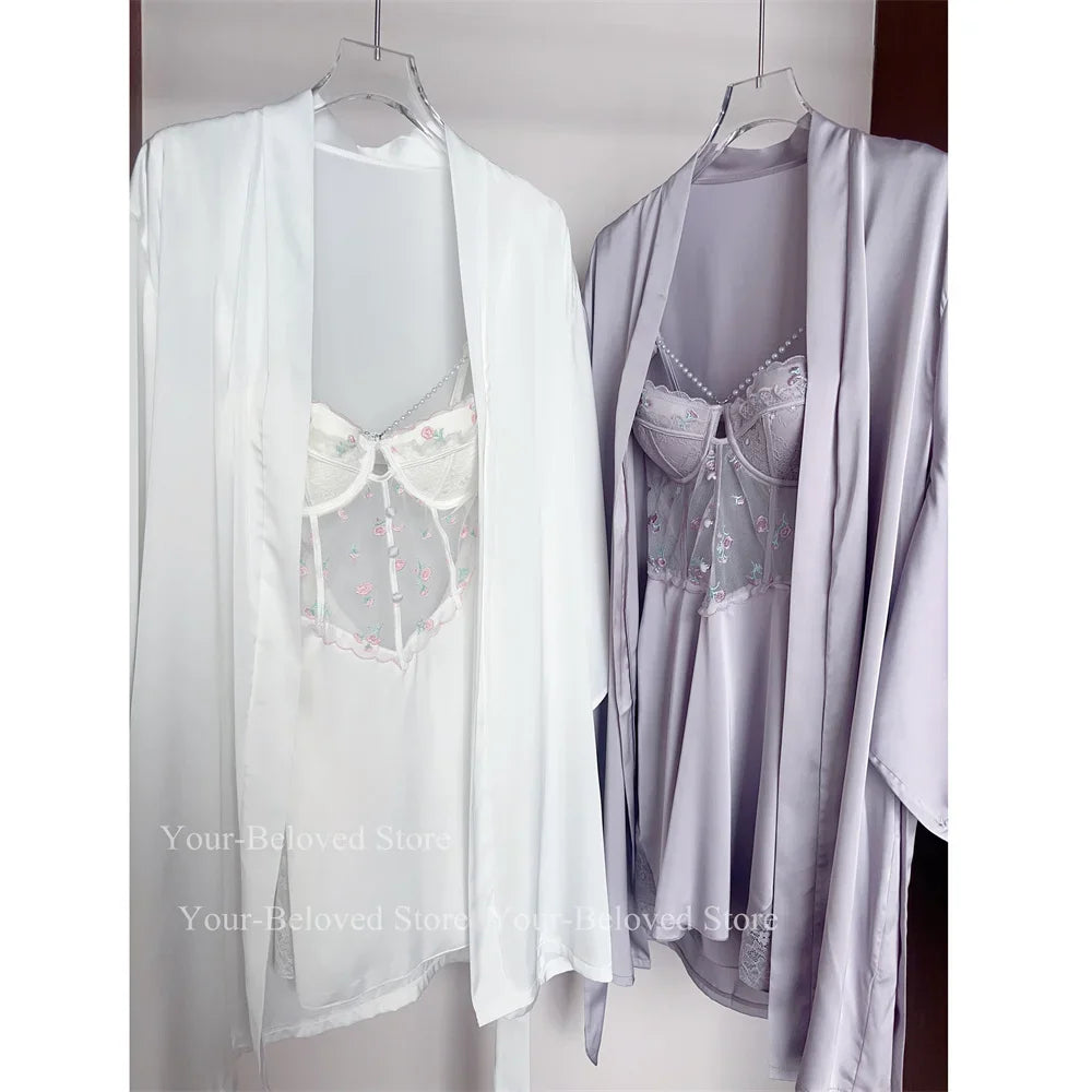 Women Home Clothes Sleeping Nightdress White Nightgown Silk Satin Lingerie Embroider Flower Chemise Lingerie Summer Robe Suit