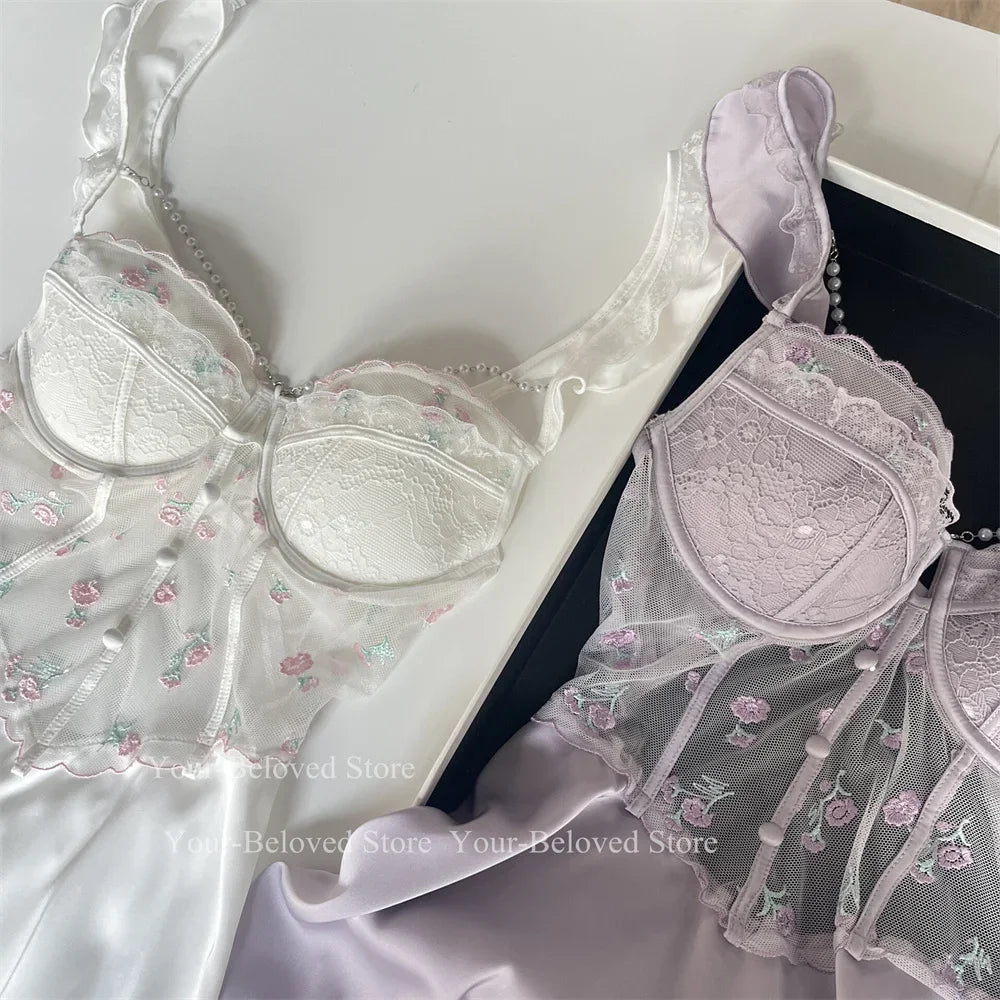 Women Home Clothes Sleeping Nightdress White Nightgown Silk Satin Lingerie Embroider Flower Chemise Lingerie Summer Robe Suit