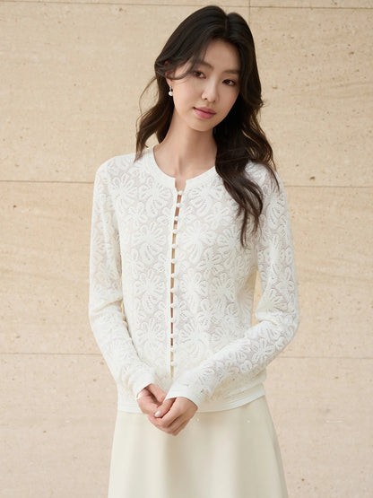 JANSAN Commute Series Ice Silk Knitted Open Cardigan Women's Outerwear Elegant Intellectual Design with Rhinestone Embroidery