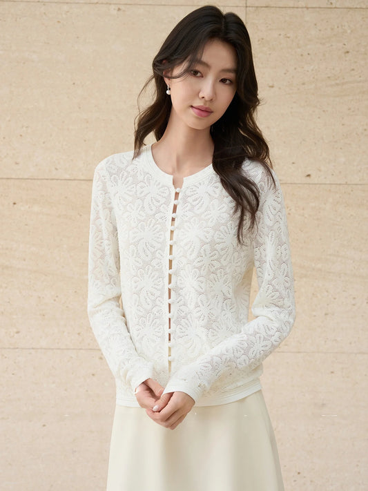 JANSAN Commute Series Ice Silk Knitted Open Cardigan Women's Outerwear Elegant Intellectual Design with Rhinestone Embroidery
