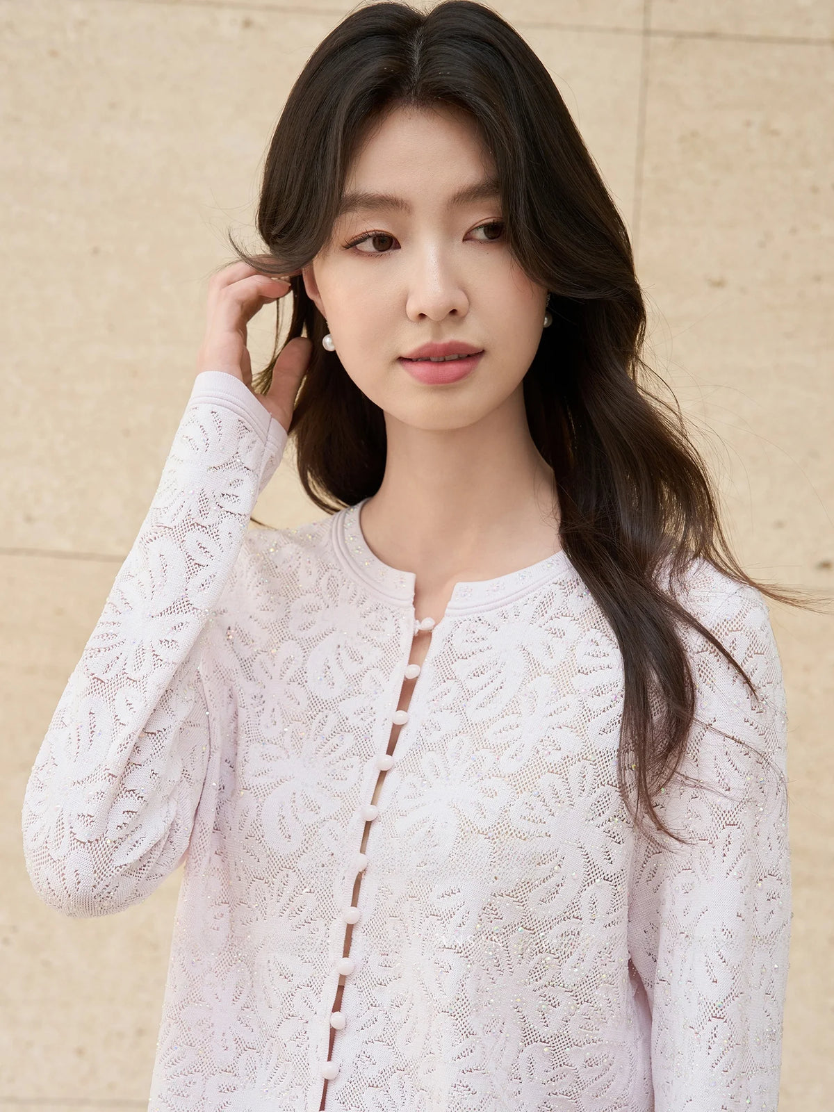 JANSAN Commute Series Ice Silk Knitted Open Cardigan Women's Outerwear Elegant Intellectual Design with Rhinestone Embroidery