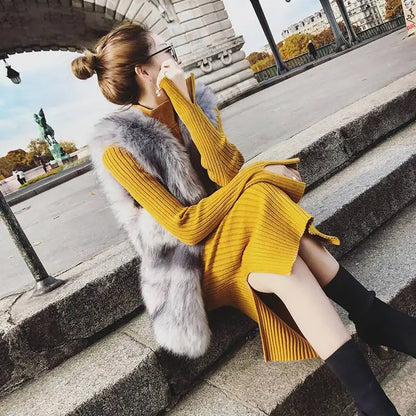 Woman Dress Yellow Dresses for Women Turtleneck Brown Crochet Knitted Outfits Hot Long Sleeve Sensual Sexy Cheap Casual Clothes