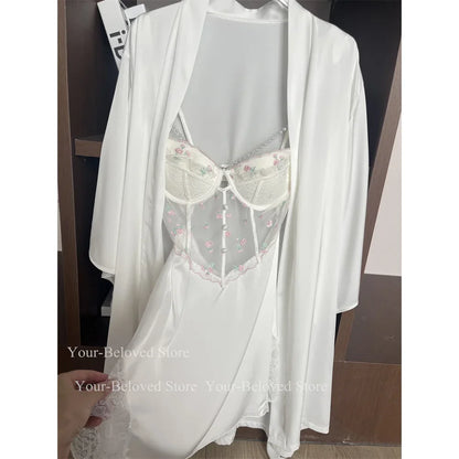 Women Home Clothes Sleeping Nightdress White Nightgown Silk Satin Lingerie Embroider Flower Chemise Lingerie Summer Robe Suit