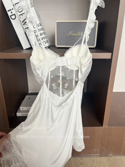 Women Home Clothes Sleeping Nightdress White Nightgown Silk Satin Lingerie Embroider Flower Chemise Lingerie Summer Robe Suit