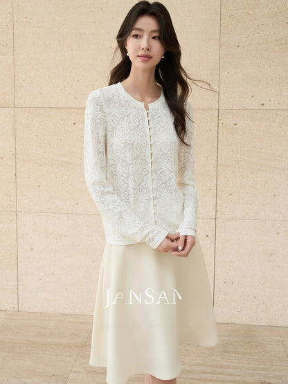 JANSAN Commute Series Ice Silk Knitted Open Cardigan Women's Outerwear Elegant Intellectual Design with Rhinestone Embroidery