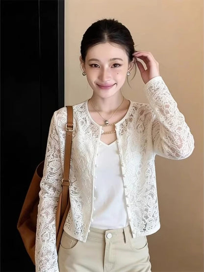 Women Lace Coat 2026 New Fashion Elegant OL White Sunscreen Jacket Spring High Quality Casual Micro Transparent Cardigan Top
