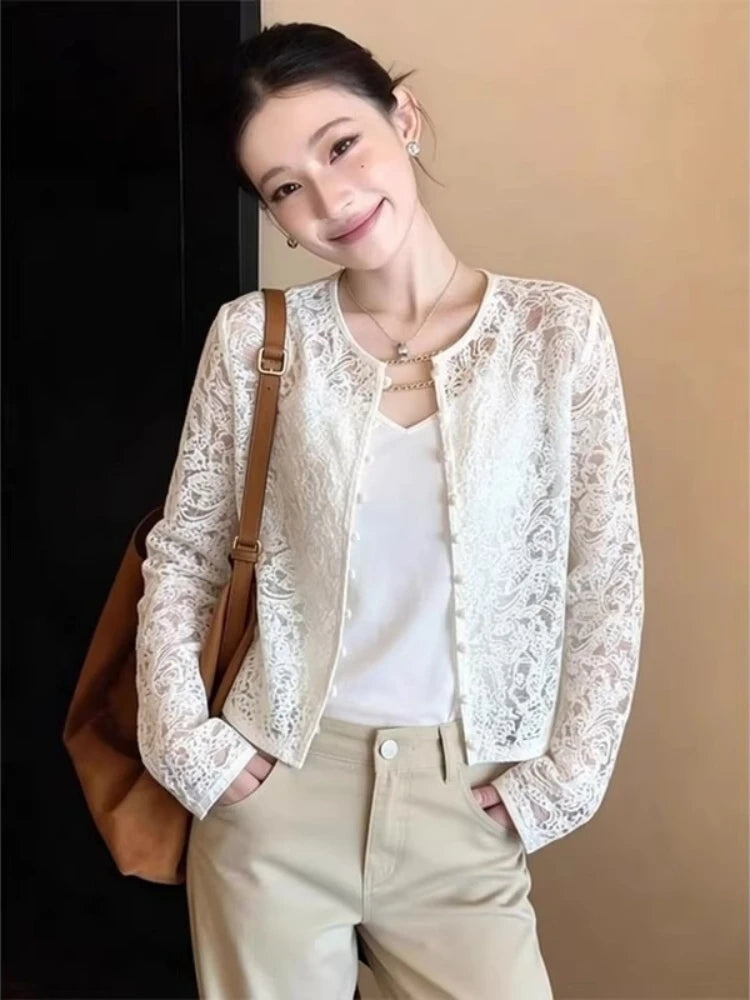 Women Lace Coat 2026 New Fashion Elegant OL White Sunscreen Jacket Spring High Quality Casual Micro Transparent Cardigan Top