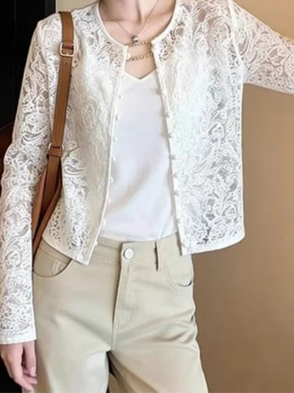 Women Lace Coat 2026 New Fashion Elegant OL White Sunscreen Jacket Spring High Quality Casual Micro Transparent Cardigan Top