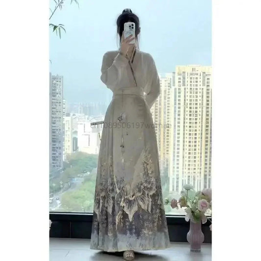 Fashion Clothes for Women Female Elegant Wrap Shirts Top / Horse Face Skirt Two Piece Chinese Hanfu Skirts Set