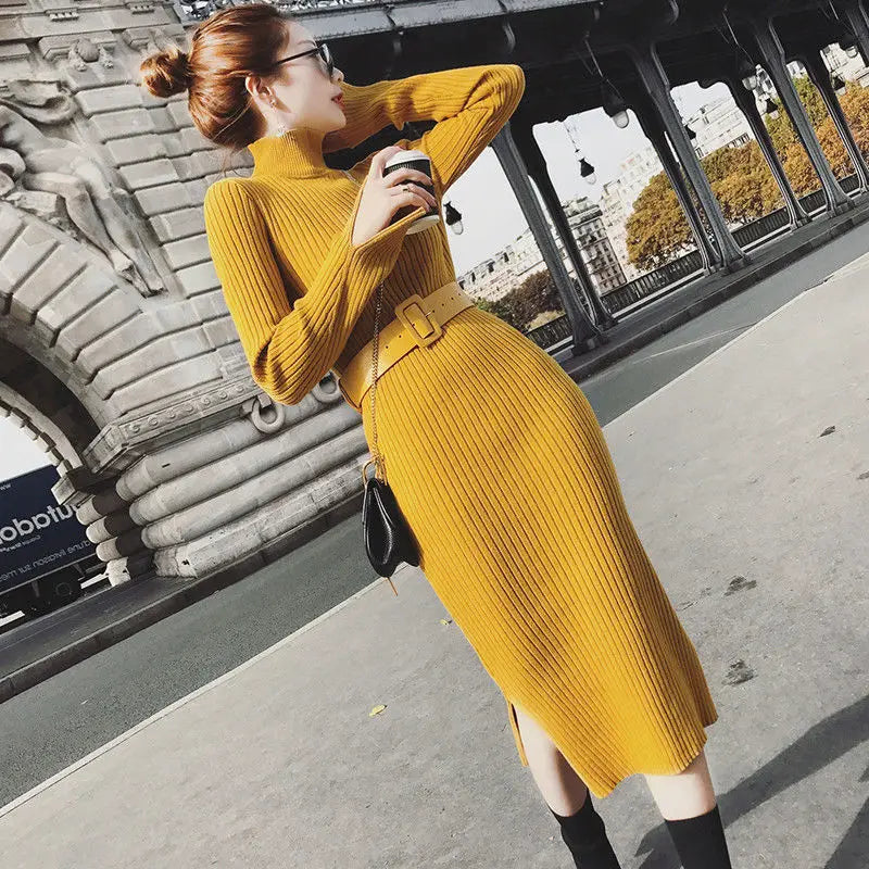 Woman Dress Yellow Dresses for Women Turtleneck Brown Crochet Knitted Outfits Hot Long Sleeve Sensual Sexy Cheap Casual Clothes