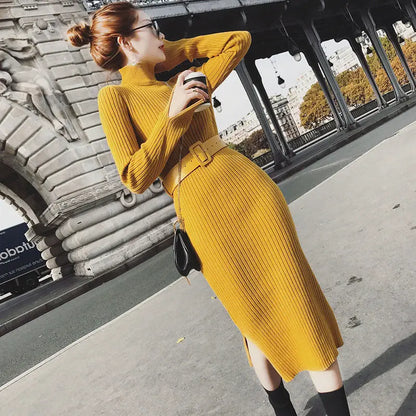 Woman Dress Yellow Dresses for Women Turtleneck Brown Crochet Knitted Outfits Hot Long Sleeve Sensual Sexy Cheap Casual Clothes