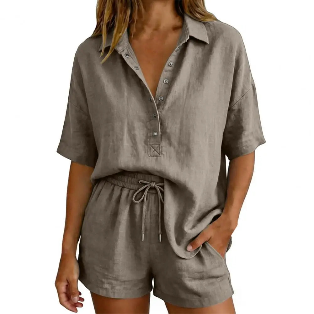 Women Muslin Blouse Set Elegant Linen Blouse Shirt And Shorts Plain Set Beach Clothes Cotton Sports Suit Oversize Leisure Suit