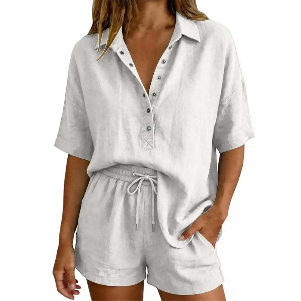 Women Muslin Blouse Set Elegant Linen Blouse Shirt And Shorts Plain Set Beach Clothes Cotton Sports Suit Oversize Leisure Suit