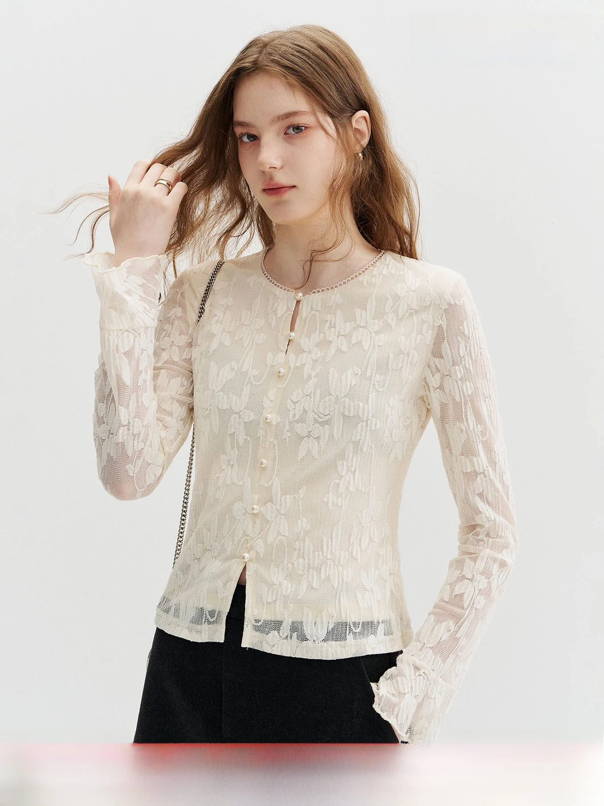 Romantic Pearl Button Long Sleeve Mesh Shirt French Style Slim Fit Women's Premium Shirt Breathable Skin-Friendly Daily Wear