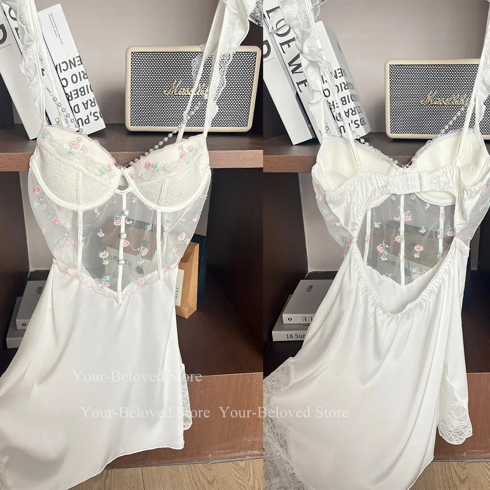 Women Home Clothes Sleeping Nightdress White Nightgown Silk Satin Lingerie Embroider Flower Chemise Lingerie Summer Robe Suit