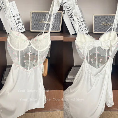 Women Home Clothes Sleeping Nightdress White Nightgown Silk Satin Lingerie Embroider Flower Chemise Lingerie Summer Robe Suit
