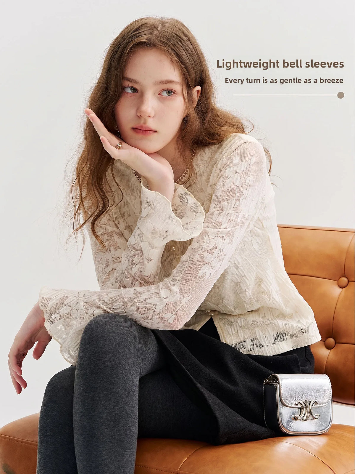 Romantic Pearl Button Long Sleeve Mesh Shirt French Style Slim Fit Women's Premium Shirt Breathable Skin-Friendly Daily Wear