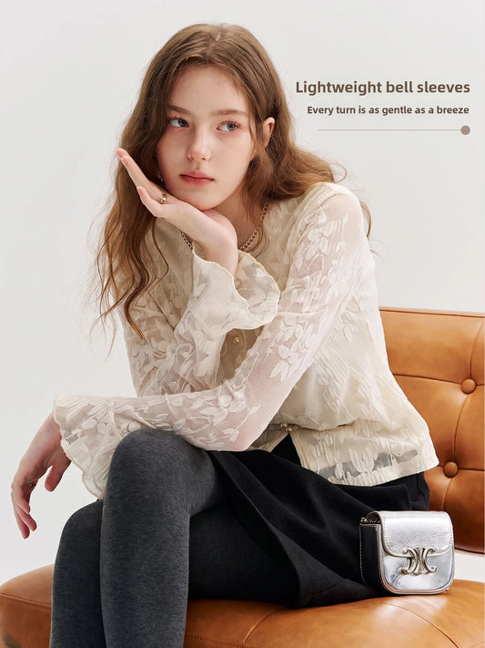 Romantic Pearl Button Long Sleeve Mesh Shirt French Style Slim Fit Women's Premium Shirt Breathable Skin-Friendly Daily Wear