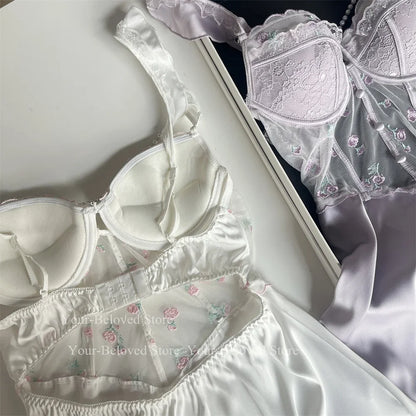 Women Home Clothes Sleeping Nightdress White Nightgown Silk Satin Lingerie Embroider Flower Chemise Lingerie Summer Robe Suit