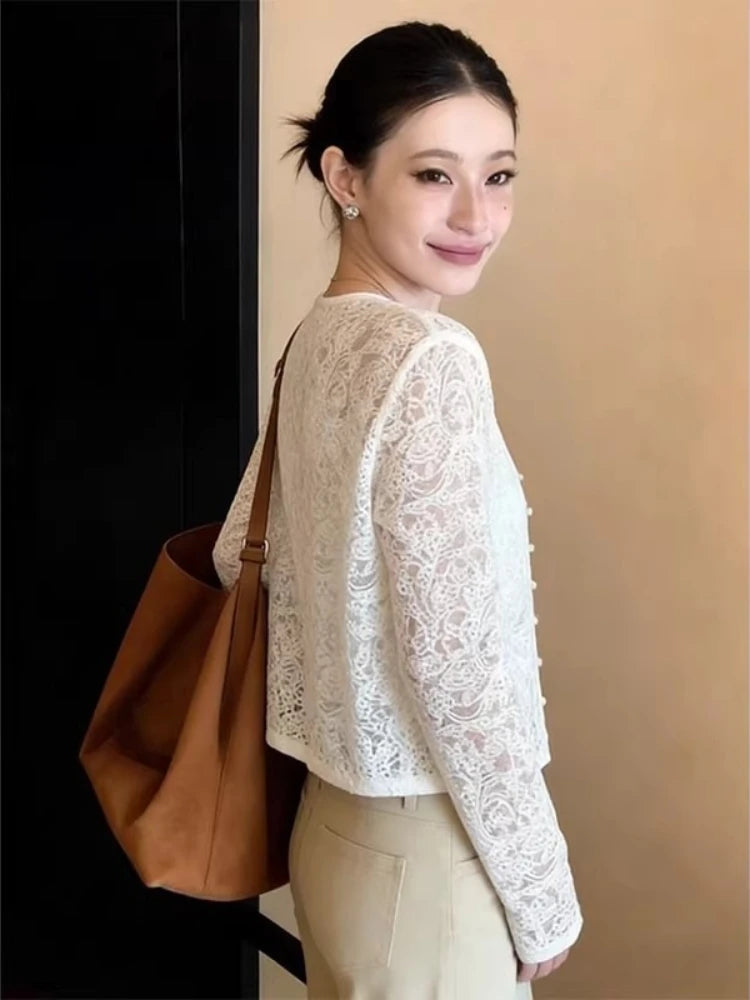 Women Lace Coat 2026 New Fashion Elegant OL White Sunscreen Jacket Spring High Quality Casual Micro Transparent Cardigan Top