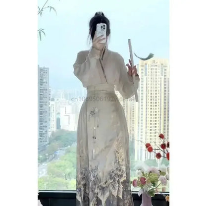 Fashion Clothes for Women Female Elegant Wrap Shirts Top / Horse Face Skirt Two Piece Chinese Hanfu Skirts Set