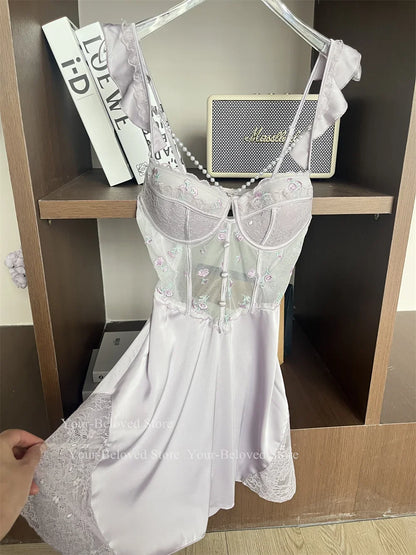 Women Home Clothes Sleeping Nightdress White Nightgown Silk Satin Lingerie Embroider Flower Chemise Lingerie Summer Robe Suit