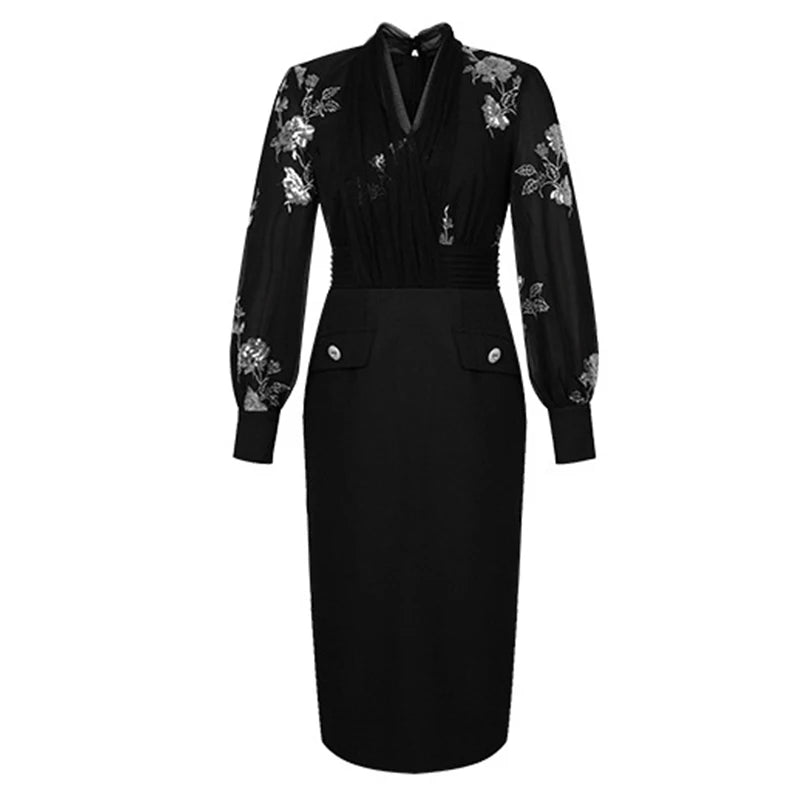 Women Clothes Work Style Fake 2-Piece V-Neck Slim Midi Pencil Dress Elegant Ladies Fashion Vestidos Formal Occasion Casual New