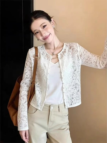 Women Lace Coat 2026 New Fashion Elegant OL White Sunscreen Jacket Spring High Quality Casual Micro Transparent Cardigan Top