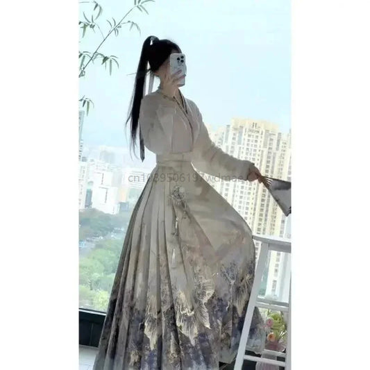 Fashion Clothes for Women Female Elegant Wrap Shirts Top / Horse Face Skirt Two Piece Chinese Hanfu Skirts Set